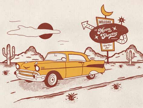 Car Desert, Desert Illustration, Landscape Logo, 70s Cartoons, Vintage Motel, Small Business Design, Star Logo Design, Bike Illustration, Retro Graphic Design