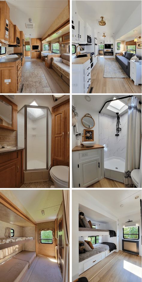 Meet “Betty," a renovated Jayco 5th Wheel that was transformed into a modern cottage on wheels by @driftless_rv_renovators. #rvrenovation #camperremodel #rvinterior #rvmakeover #rvinspiration #modernrv #glamping #customcamper #customrv #rvflippers #rvrenovators #renovatedfifthwheel #rvinteriorideas #rvinteriordesign #homeonwheels #styleonwheels #rvreno #glampingnotcamping #rvremodel #rvliving #fifthwheel #fifthwheelliving #fifthwheelremodel #moderncottage #tinyliving #wanderfulrvinteriors Fifth Wheel Master Remodel, Fifth Wheel Living Room Remodel, Luxurious Rv Interior, Small Fifth Wheel Remodel, Remodeling Campers Interior On A Budget, Renovated Fifth Wheel Camper, Remodeled 5th Wheel Rv Interior, 5th Wheel Remodel Ideas, Fifth Wheel Camper Remodel