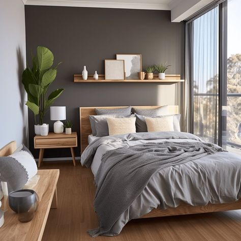 Modern Bedroom Masculine, Gray Wood Bedroom Furniture, Grey And Wood Bedroom, Rectangle Bedroom Ideas, Grey And Wood Bedroom Ideas, Grey Bedding Ideas, Bedroom Decor Master For Couples, Living Room Decor Brown Couch, Diy Wall Decor For Bedroom