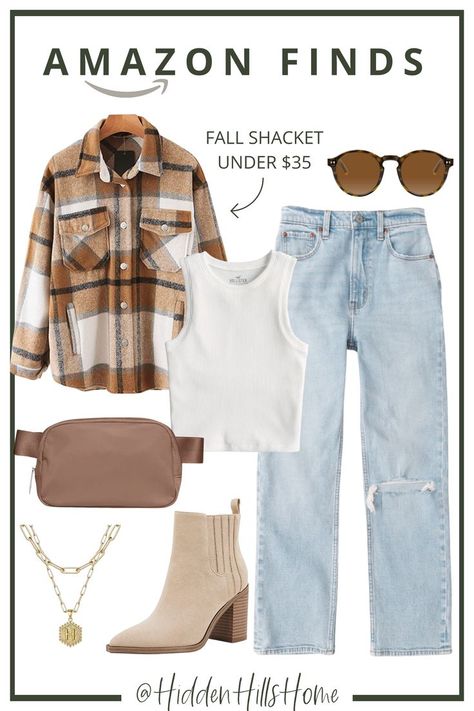 Fall Shaket Outfits, Fall Crop Top Outfits, Shacket Outfit Women Fall, Plaid Shacket Outfit Women, White Mom Jeans Outfit, Shacket Outfit Women, Outfit From Amazon, Shacket Outfit, Amazon Outfits