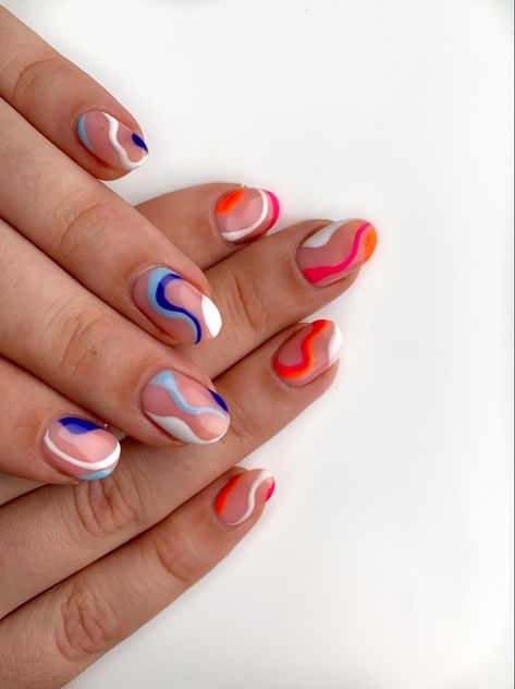 Blue pink orange swirl nail designs Short Gel Nails Swirl Design, Gel Nail Swirls, Short Nail Designs Squiggles, Short Nail Squiggle Design, Swirl Nails Short, Colorful Swirls Nails, Easy Nail Polish Ideas, Squiggle Nails, Easy Nail Polish