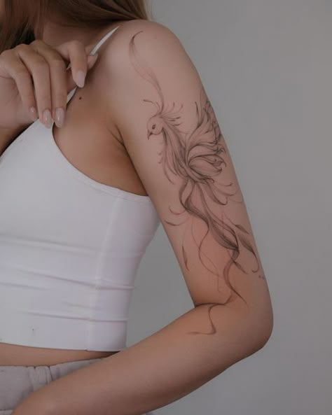 Pheonix Tattoo For Women Simple, Phoenix Upper Arm Tattoo, Ornamental Phoenix Tattoo, Floral Phoenix Tattoo, Phönix Tattoo Women Arm, Phoenix Tattoo Arm For Women, Phoenix Tattoo On Arm, Fine Line Pheonix Tattoo For Women, Fineline Phoenix Tattoo