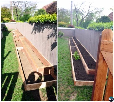 DIY Garden Beds - Raised Garden Bed Along Fence - Easy Gardening Ideas for Raised Beds and Planter Boxes - Free Plans, Tutorials and Step by Step Tutorials for Building and Landscaping Projects - Update Your Backyard and Gardens With These Cheap Do It Yourself Ideas http://diyjoy.com/diy-garden-beds Raised Garden Beds Irrigation, Wood Garden Beds, Diy Raised Garden Bed, Landscaping Along Fence, Diy Garden Bed, Vegetable Garden Raised Beds, Building A Raised Garden, Diy Raised Garden, Raised Garden Beds Diy