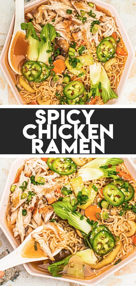 Easy Spicy Chicken Ramen Soup in the comfort of your own home in under a half-hour, what can be better?! Say hello to your new favorite weeknight dinner. This easy ramen recipe is filled with carrots, mushrooms, red peppers and OG top ramen noodles that are simmered in a spicy ramen broth. Top your bowl off with chicken, jalapenos and sesame seeds. #chickenramensoup #ramensouprecipes #asianrecipes 20 Minute Ramen, Tapatio Ramen Recipes, Spicy Chicken Ramen Jinya Recipe, Spicy Chicken Ramen Soup, Spicy Ramen Noodle Soup Recipes, Healthy Spicy Ramen, Pho With Ramen Noodles, Creamy Chicken Ramen Soup, Spicy Ramen Soup Recipe