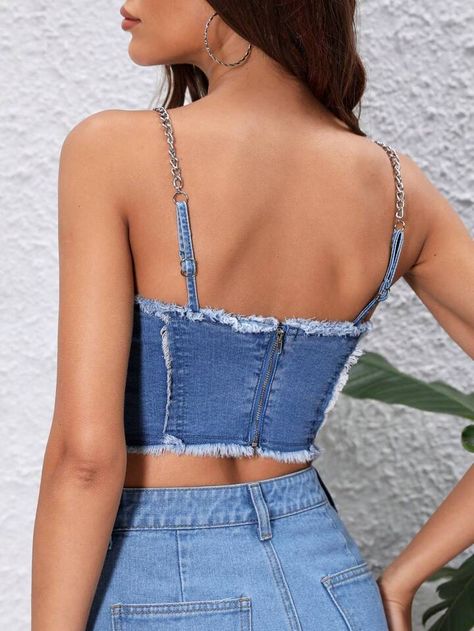 SHEIN Privé Raw Trim Bustier Crop Denim Cami Top | SHEIN USA Diy Jeans, Top Shein, Jeans Diy, Cropped Cami, Cami Crop Top, Jean Top, Cropped Denim, Cami Top, Two Tone