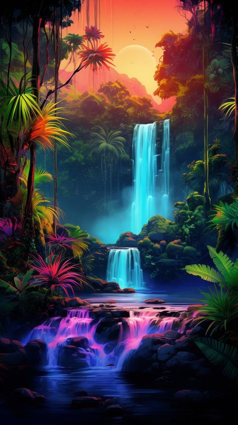 Rainforest With Waterfall, Waterfall Art Painting, Aesthetic Hawaiian Wallpaper, Amazon Jungle Photography, Beautiful Nature Pictures Amazing Photos, Waterfalls Aesthetic, Waterfall Tropical, Rainforest Art, Mascara Oni