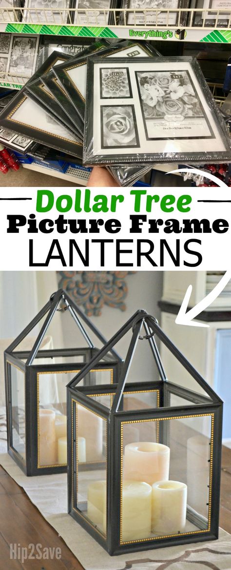 Here's how to turn Dollar Tree picture frames into one trendy farmhouse style lantern! Picture Frame Lanterns, Picture Frame Lantern, Tree Picture Frame, Dollar Store Ideas, Dollar Tree Ideas, Apartment Decoration, Diy Apartment Decor, Wine Bottle Diy Crafts, Diy Store