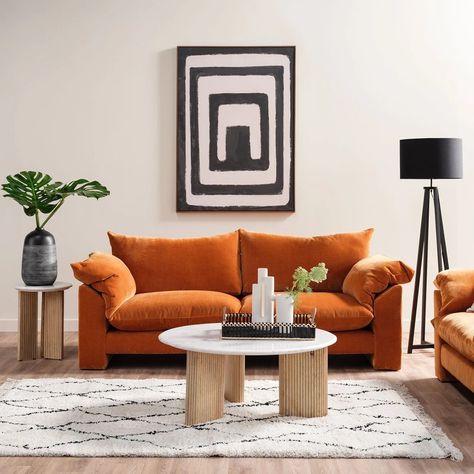 Sofa Orange, White Marble Table Top, New Townhouse, The Hoxton, Coffee Table Round, Orange Sofa, Snuggle Chairs, Wood And White, New House Living Room