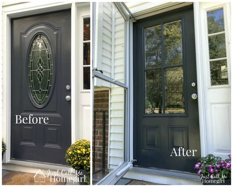 Front Door Transformation, Door Redo, Front Door Glass Insert, Replacing Front Door, Door Glass Inserts, Front Door Inspiration, Door Makeover Diy, Front Door Makeover, Exterior Doors With Glass