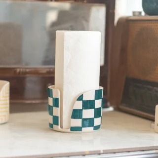 CeraBien - Etsy Checkered Kitchen Decor, Ceramic Paper Towel Holder, Checkered Kitchen, Checkered Paper, Paper Towel Holders, Paper Roll Holders, Towel Holders, Handmade Towel, Towel Dispenser