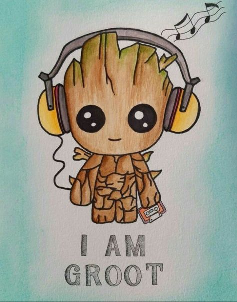 Baby Groot Drawing, Cute Music, Groot Marvel, Cute Disney Drawings, I Am Groot, Marvel Drawings, Disney Art Drawings, Avengers Wallpaper, Baby Groot