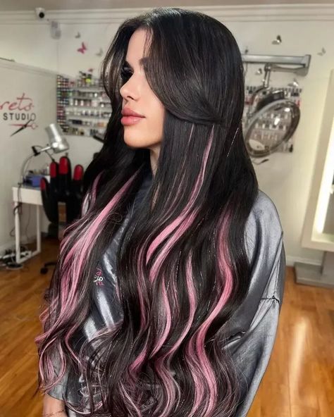 Trendy Underneath Hair Colors for a Bold Update Black Hair With Colour Underneath, Peach And Black Hair, Pink Peekaboo Highlights Black Hair, Black Hair Pink Underneath, Pastel Pink And Black Hair, Peakaboo Dye Hair, Black Hair With Pink Underneath, Dyed Highlights, Black With Pink Highlights