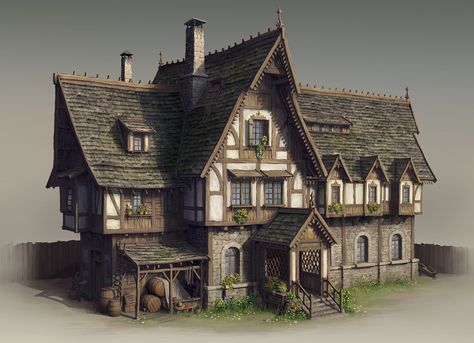 Inn, Yusuf Artun on ArtStation at https://www.artstation.com/artwork/2xqXxx Viking Town, Fantasy Inn, Home Design Exterior, Sky Island, Fantasy Town, Minecraft Medieval, Minecraft Inspiration, Medieval Houses, Building Concept