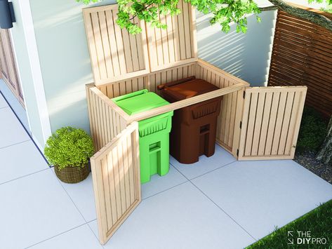 Recycling Indoor Storage, Garbage Bin Enclosure Diy, Trash Can Storage Outdoor Ideas, Diy Trash Can Storage Outdoor Simple, Diy Wheelie Bin Storage, Hide Trash Cans Outside Diy, Trashcan Enclosure, Outdoor Garbage Can Hideaway, Garbage Fence