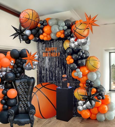 Basketball Party Balloons, Basketball Theme Balloon Garland, Basketball Balloon Garland, Basketball Balloon Arch, Desi Graduation, Basketball Decorations Party, Basketball Birthday Party Decorations, Basketball Backdrop, Basketball Theme Birthday Party