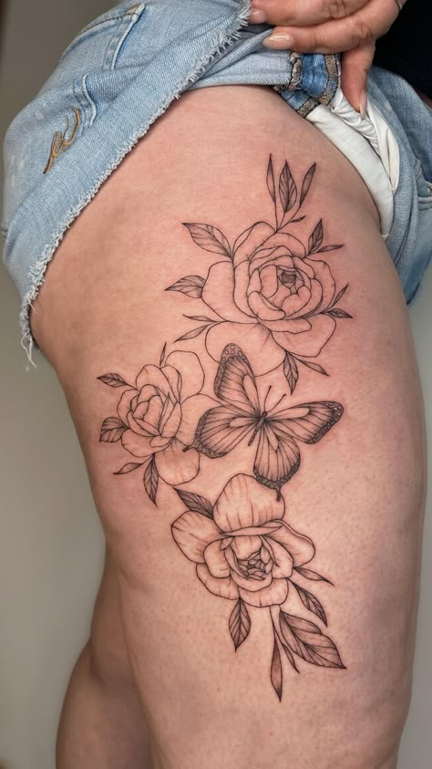 Carley Grace Tattoos | Floral butterfly thigh tattoo 🦋 Thank you Dawn for the full creative freedom! 🥹🤍 #tattoo #tattoos #thightattoo #flowers #floraltattoo #b… | Instagram Butterfly Leg Sleeve, Thigh Tattoo Flowers, Thigh Flower Tattoo, Butterfly Thigh Tattoo, Freedom Tattoo, Tattoos Floral, Butterfly Legs, Grace Tattoos, Flower Thigh Tattoos