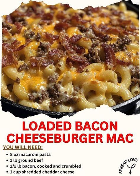 Ultimate Loaded Bacon Cheeseburger Mac 🍔🧀 Get ready for a comfort food classic that brings the flavors of a bacon cheeseburger into a creamy, cheesy pasta dish! This Loaded Bacon Cheeseburger Mac is sure to become a family favorite. Don’t forget to let us know your thoughts in the comments, save this recipe for later, and share your own twists on it! 🍽️ Ingredients: 8 oz macaroni pasta 1 lb ground beef 1/2 lb bacon, cooked and crumbled 1 cup shredded cheddar cheese 1/2 cup milk 1/2 cup ketch... Baked Bacon Cheeseburger Mac And Cheese, Loaded Bacon Cheeseburger Mac, Bacon Cheeseburger Mac And Cheese, Big Mac Pasta, Bacon Cheeseburger Pasta, Bacon Mac And Cheese Recipe, Hamburger Mac And Cheese, Cheeseburger Mac And Cheese, Cheeseburger Mac