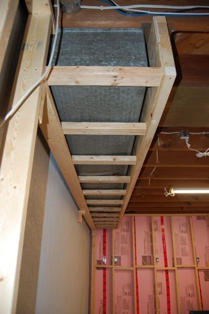 Soffit to hide ductwork Frame Around Ductwork, Framing Around Ductwork, Hiding Duct Work In Basement, Basement Hvac Cover, Cover Duct Work In Basement, Hiding Basement Duct Work, Basement Ceiling Soffit Ideas, How To Frame Around Duct Work, Covering Duct Work In Basement