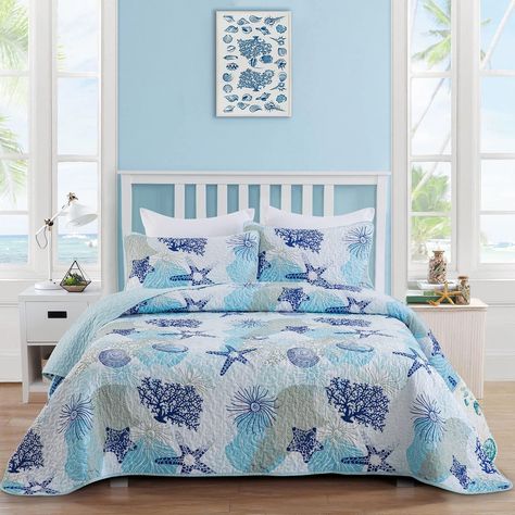 PRICES MAY VARY. Coastal Beach Theme Quilt Set King Size: Modern printing techniques and ocean beach coral seashell conch starfish printed pattern create a elegant style, stylish and beauty, perfect fit for your bedroom, guest room, vacation home use and summer bedroom decor. Premium Microfiber: Blue beach theme quilt comforter king size is made of microfiber, breathable, lightweight and suitable for all seasons, super soft and smooth, help you enjoy a peaceful sleep. 3 Layers Summer Seaside Coa Coral Bedding Sets, Beachy Bedding, Coastal Quilt Sets, Summer Bedroom Decor, Beach Bedding Sets, Coastal Quilts, Starfish Pattern, Sunroom Furniture, Theme Beds