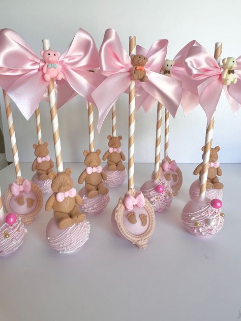 Teddy Bear Theme Cake Pops, Pink Teddy Bear Cake Pops, Pink Teddy Bear Centerpieces, We Can Bearly Wait Cake Pink, Teddy Bear Treats, Teddy Bear Cake Pops, Gender Reveal Treats, Baby Shower Cakepops, Bear Cake Pops