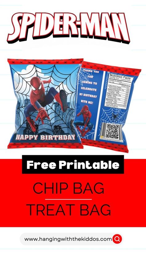 Spiderman Free Party Printable Chip Bag Template Spiderman Chip Bag, Printable Chip Bag Template, Free Party Favor Templates, Free Spiderman Printables, Spiderman Birthday Party Diy, Chips Bags Ideas, Chip Bag Template Free Printable, Diy Spiderman Birthday Party, Spiderman Printables