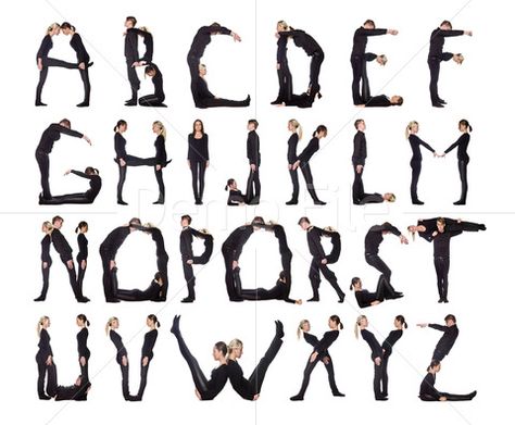 A group of black dressed, Caucasian people forming the alphabet. Letter People, Yoga Poses For Two, Alphabet Photography, Human Pictures, Alphabet Photos, Silhouette People, Alfabet Letters, Alphabet Images, Friend Pictures Poses