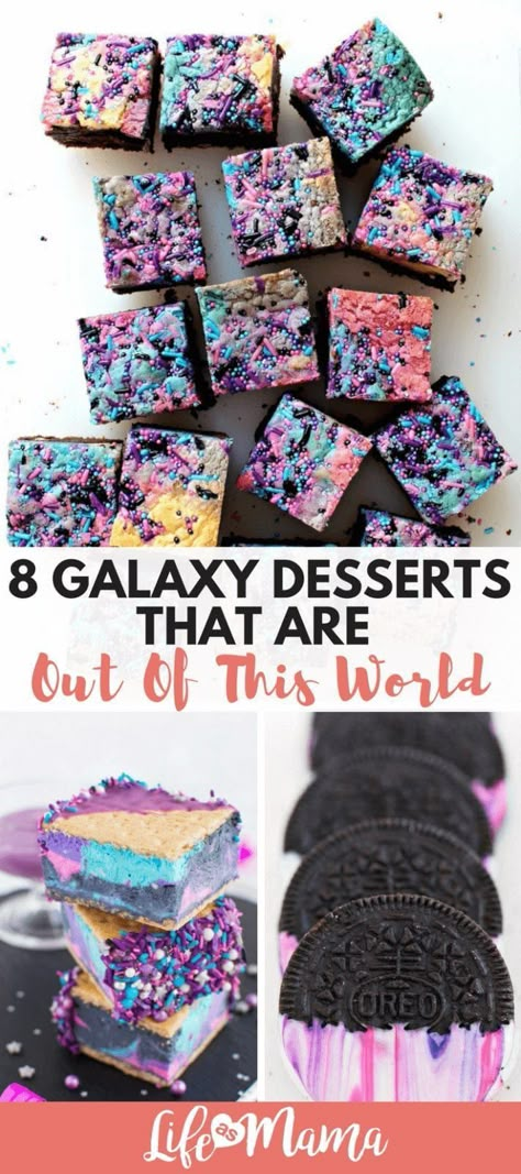 Want desserts that space crazy kids will love? Try these 8 galaxy dessert recipes! #LifeAsMama #galaxydesserts #dessertsforkids #space Galactic Party Food, Galaxy Fruit Platter, Space Week Snacks, Guardians Of The Galaxy Dessert, Galaxy Rice Crispy Treats, Star Dessert Ideas, Solar Eclipse Party Dessert, Space Party Dessert, Out Of This World Desserts