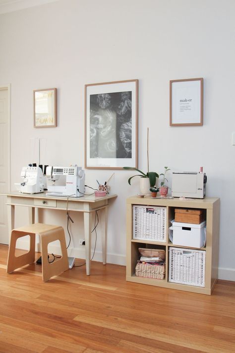 Sewing Corner Ideas Small Spaces, Minimal Sewing Room, Small Sewing Space In Living Room, Sewing Desk Setup, Dining Room Sewing Space, Small Sewing Table, Sewing Set Up Small Spaces, Sewing Nook In Living Room, Cozy Sewing Room