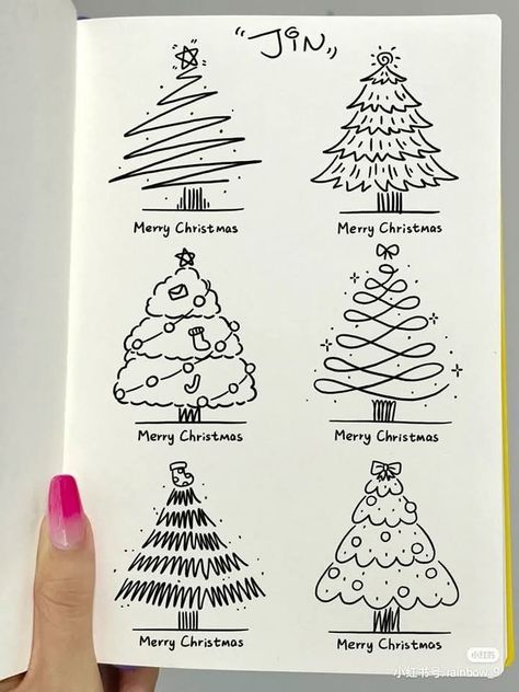 Cute Xmas Tree Drawing, How To Draw Merry Christmas, Merry Christmas Cute Drawing, New Year Tree Drawing, Christmas Journal Aesthetic, Christmas Journal Doodles, Christmas Card Inspo Diy, Merry Christmas Doodle, Christmas Cards Doodle