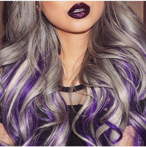 Sliver and purple, not a fan of silver hair but this is just too awesome Dark Purple And Silver Hair, Purple Silver Hair Ombre, Gray And Purple Hair, Grey And Purple Hair, Silver And Purple Hair, Purple And Silver Hair, Grey Hair With Purple Highlights, Grey Purple Hair, Purple Gray Hair