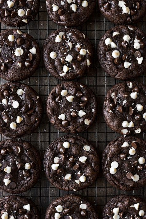 Dark Chocolate Cookies With White Chips, Dark Chocolate White Chip Cookies, Soft Chewy Chocolate Cookies, Black And White Chocolate Chip Cookies, White Chocolate Chocolate Cookies, White And Dark Chocolate Chip Cookies, Black Cocoa Cookies, Chocolate Cookies With White Chips, Black And White Desserts