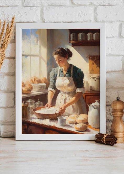 A beautiful oil painting of a woman baking bread, cozy and warm, so vintage and antique. Perfect gift for a chef/baker Woman Cooking Illustration, Woman Baking, Beautiful Bakery, Bakery Vintage, Motherhood Painting, Baking Painting, Kitchen Painting, Cozy Art, Painting Of A Woman