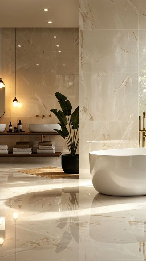 Modern luxury bathroom with white standalone bathtub, marble flooring, gold fixtures, and potted plant Standalone Bathtub, Bathroom Ensuite, Ensuite Bedroom, Gold Fixtures, Warm Lighting, Relax And Unwind, Marble Flooring, Modern Luxury, Modern Bathroom