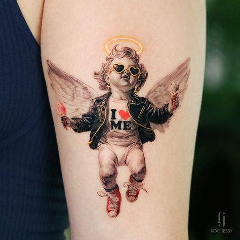 Finally, the Cool Baby Series 2! His clothes, shoes, sunglasses, and ice cream were all inspired by my creative client. LOVE collaborating unique ideas🥰 🎨Colour: Warm black+some point colours -Custom design. Please don’t copy. #londontattoo #londontattooartist #browntattoo #cherubtattoo #londontattoostudio Tattoo Composition, Reference Tattoo, Browning Tattoo, Cherub Tattoo, Baby Series, London Tattoo, His Clothes, Cool Baby, Fine Line