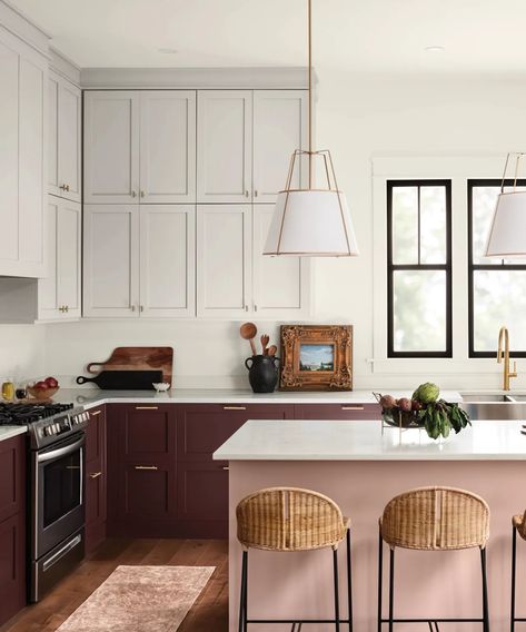 What colors go with light pink? 10 pairings that experts love | Rust Kitchen Cabinet, Brown And Pink Kitchen, Burgundy Kitchen Cabinets, 2023 Paint Color Trends, Paint Color Trends, Christmas Kitchen Decor, Paint Brands, Red Kitchen, Pink Kitchen