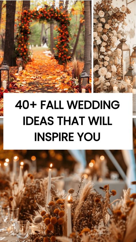 Discover over 40 fabulous fall wedding ideas that are sure to spark your creativity and inspire your special day. From stunning floral arrangements to cozy decor touches, get ready to be enchanted by the beauty of autumn weddings. Fall Wedding Arch Decorations, Fall Evening Wedding Ideas, Fall Wedding Reception Flowers, Elegant Fall Wedding Ideas Romantic, Budget Fall Wedding, Fall Wedding Tent Decorations, Fall Wedding Mantle Decor, Fall Wedding Gazebo Decor, Fall Indoor Wedding Ideas