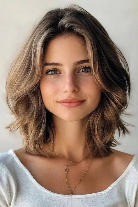 Smiling woman with shoulder-length wavy hair and wearing a white top. Face Frame Shoulder Length Hair, Shoulder Length Hair Unstyled, Ideas For Shoulder Length Hair, Ways To Change Your Look, Shoulder Length Hairstyles, Hair Formal, Chic Haircut, Textured Layers, Ash Brown Hair