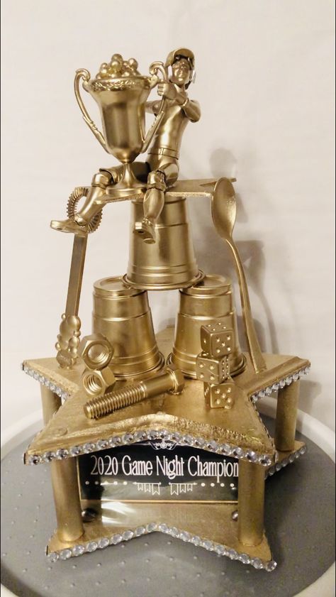 "Minute to Win It/ Game Night trophy. Diy Awards Trophy Ideas, Family Game Night Trophy Diy, Family Game Night Trophy, Diy Funny Trophy Ideas, Game Night Trophy Diy, Homemade Trophy Ideas, Shotcuterie Board, Diy Trophy Ideas, Game Night Trophy