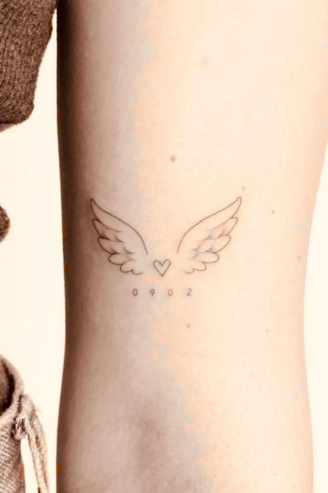 Subtle Angel Tattoo, Finger Wing Tattoo, Minimal Memorial Tattoo, Angle Wing Tattoos For Women, Angel Baby Tattoo Ideas, Simple Wing Tattoo, Angel Wings Initial Tattoo, Angle Tattoo Design, Angle And Devil Tattoos