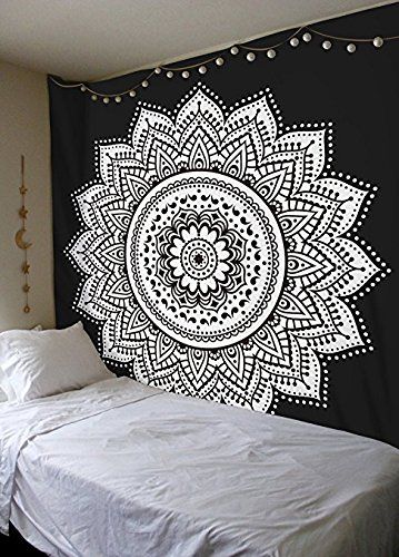 Black White mandala Tapestry By Madhu International Mandala Wall Tapestries Mandala Wall Art -- Visit the image link more details. Bohemian Tapestry Bedroom, Mandala Tapestry Bohemian, Dorm Room Wall Decor, Bohemian Wall Tapestry, Bohemian Bedspread, Mandala Tapestries Wall Hangings, Dorm Room Walls, Padded Wall, Indian Tapestry