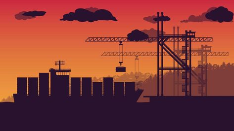 silhouette of Transport cargo sea ship loading containers and harbor crane at port on orange gradient background Cargo Ship Illustration, Port Illustration, Orange Gradient Background, Crane Drawing, Ship Silhouette, Mary Jesus Mother, Sea Ship, Jesus Mother, Orange Gradient