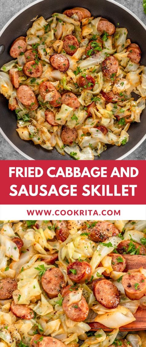 Fried Cabbage And Sausage Skillet Cabbage And Sausage Skillet, Cabbage Recipes With Sausage, Fried Cabbage And Sausage, Recipes With Cabbage, Cabbage Kielbasa, Fried Cabbage And Potatoes, Kielbasa Skillet, Cooked Cabbage Recipes, Cabbage And Smoked Sausage