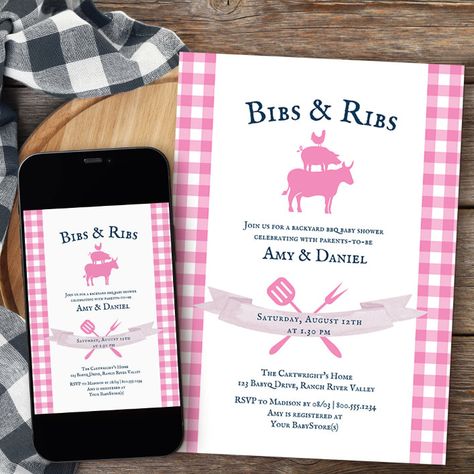 BBQ Baby Shower Rustic Vintage Pink Plaid Invitation - Great Barbecue Baby Shower Backyard, Picnic Backyard, Backyard Baby Showers, Bbq Baby Shower, Bbq Theme, Plaid Baby Shower, Bbq Baby Shower Invitations, Baby Q Shower, Rustic Baby Shower Invitations