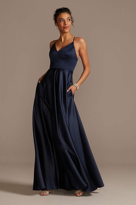 View Spaghetti Strap V Neck Bridesmaid Dress at David's Bridal Dark Blue Bridesmaid Dresses, Wrap Dress Bridesmaid, A Line Long Dress, Satin Evening Gown, Perfect Bridesmaid Dress, Blue Bridesmaid Dress, Prom Dresses Gowns, Bridesmaid Dress Styles, Bridesmaid Dress Colors