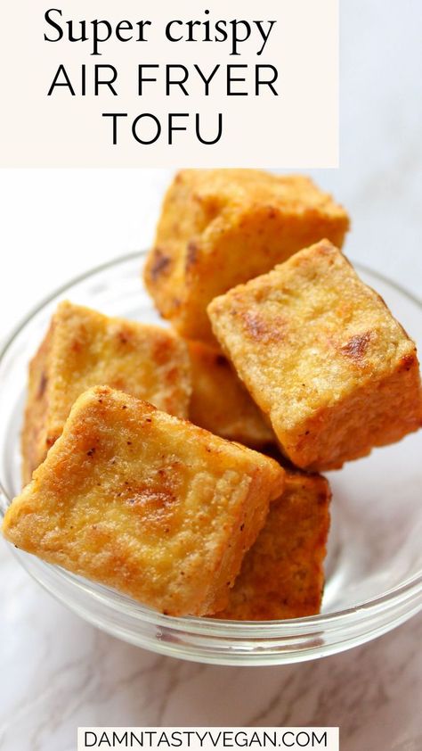 Crispy air fryer tofu in a glass serving dish. Tofu Air Fryer, Dinner Recipes Air Fryer, Tofu Dinner Recipes, Tofu Dinner, Ways To Cook Tofu, Ella Vegan, Air Fryer Tofu, Recipes Tofu, Buffalo Tofu