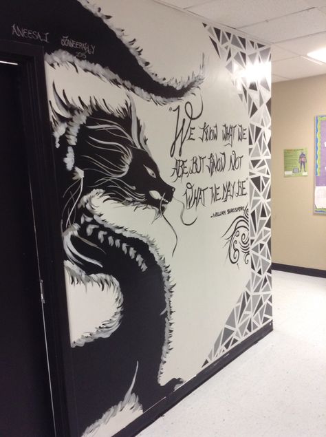 Anime Murals Wall Art, Dnd Wall Mural, High School Wall Painting Ideas, High School Murals, High School Mural, Bedroom Design For Teen Girls, Dragon Mural, Dragon Wall Mural, Cafe Mural