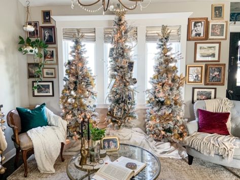 Three Christmas Trees Together, 2 Christmas Trees In Living Room, Multiple Christmas Trees In One Room, Trees In Living Room, 3 Christmas Trees, Three Christmas Trees, Zebra Rug, Green Velvet Pillow, Pencil Trees