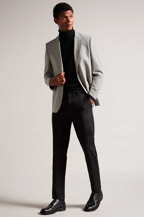 Blazer With Turtleneck Mens, Derby Shoes Outfit, Turtleneck Outfit Men, Turtleneck And Blazer, Black Turtleneck Outfit, 16 Outfits, Turtleneck Outfits, Grey Pants Men, Black Sweater Outfit