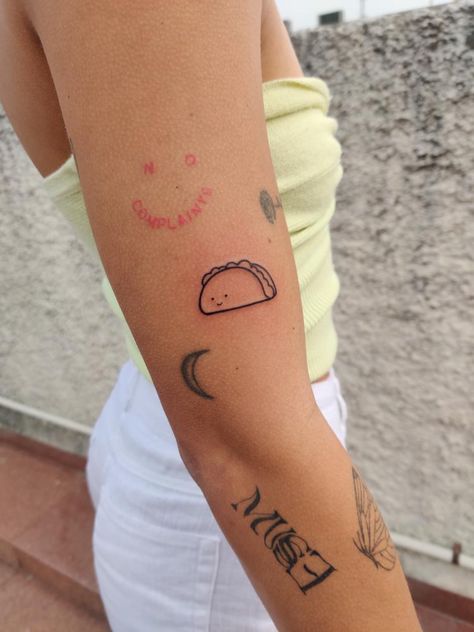 Cute Taco Tattoo, Tiny Taco Tattoo, Taco Tattoo Ideas, Burrito Tattoo, Taco Tattoo, Taco Tattoos, Funny Small Tattoos, Tattoo Fillers, Mexico Tattoo