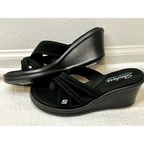 Skechers Memory Foam Womens black strappy wedge slip on sandals, sz 6.5, NWOB Black Strappy Wedges, Skechers Sandals, Skechers Memory Foam, Woven Sandals, Slip On Sandals, Chunky Platform, Skechers Shoes, Mary Jane Sneaker, Slip On Sandal